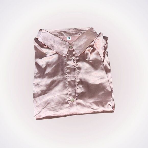 Sheinâlong sleeve collared button up satin feel shirt | Sz M - Picture 1 of 4